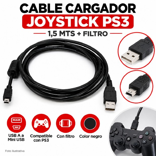 &ua CABLE CARGADOR JOYSTICK PS3 1.5 MTS + FILTRO